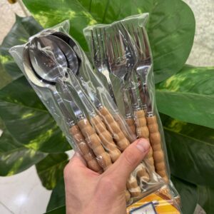 قاشق و چنگال مرواریدی دسته چوبی ست 6 عددی